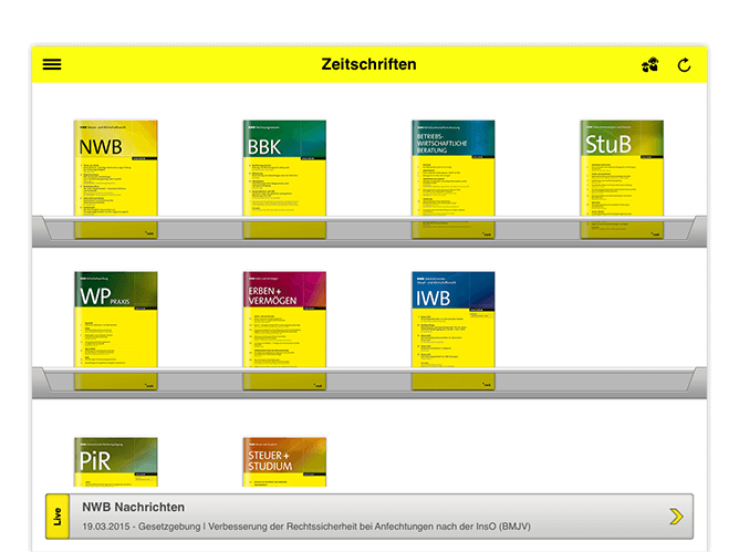 Zeitschriftenübersicht Screen der umgesetzten NWB Zeitschriften App für den NWB Verlag