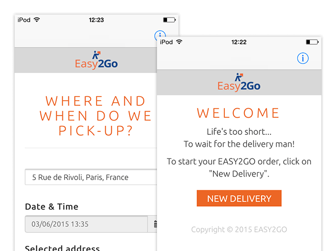 Where and when do we pick-up und Welcome Screens der umgesetzten Easy2Go Delivery App für Flash Europe International