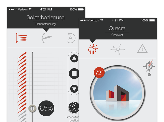 Sektorbedienung Höhensteuerung und Quadra Übersicht Screens der umgesetzten Jalousiensteuerung für BMS - Building Management Systems