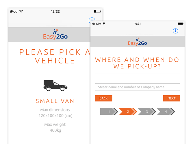 Where and when do we pick-up Schritt zwei und Please pick a vehicle Screens der umgesetzten Easy2Go Delivery App für Flash Europe International