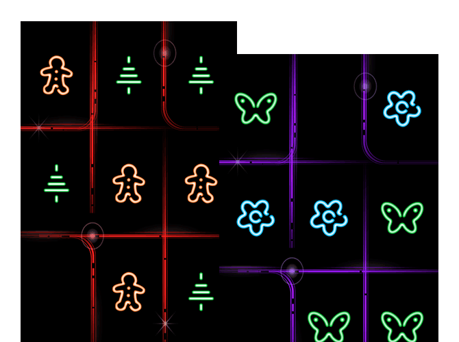 Beispielscreens von Tic Tac Toe Spielen mit veränderten Spielsymbolen, Weihnachtsbäume und Lebkuchenmänner, sowie Blumen und Schmetterlinge anstelle von Kreuzen und Kreisen der umgesetzten Tic Tac Toe Glow App