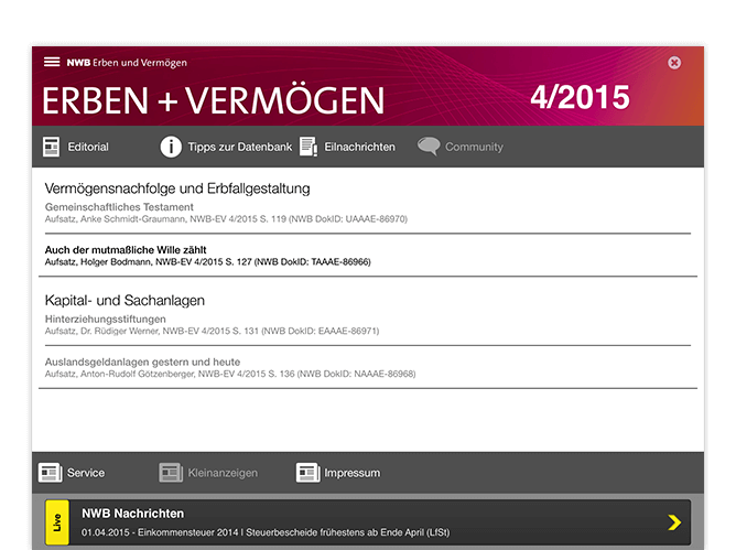 Erben und Vermögen Info Screen der umgesetzten NWB Zeitschriften App für den NWB Verlag