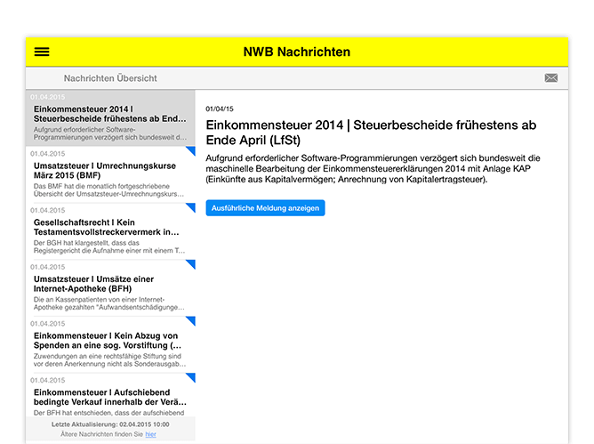 NWB Nachrichten Screen der umgesetzten NWB Zeitschriften App für den NWB Verlag