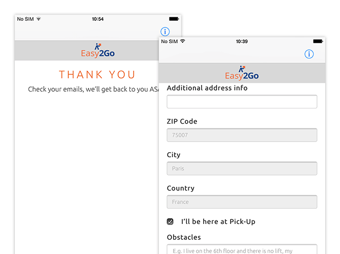 Thank you und Additional address info Screens der umgesetzten Easy2Go Delivery App für Flash Europe International