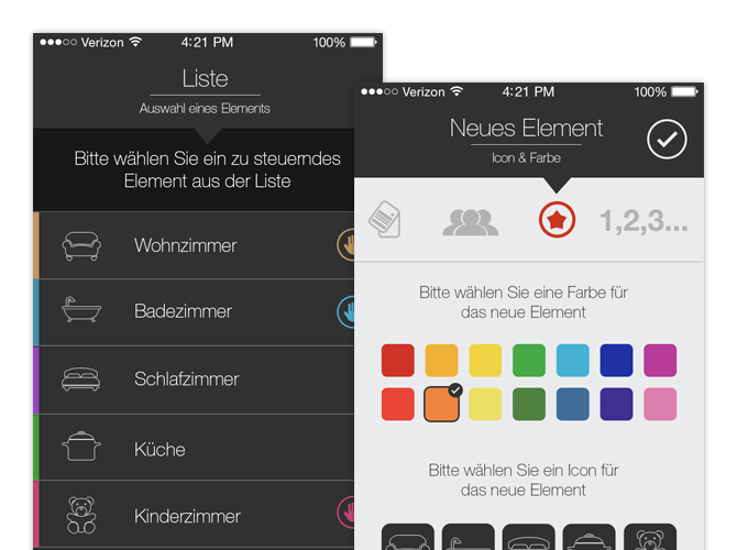 Liste Auswahl eines Elements und Neues Element Icon & Farbe Screens der umgesetzten Jalousiensteuerung für BMS - Building Management Systems