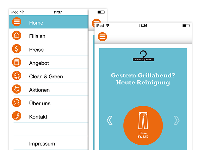 Menü und Preisbeispiel Screens der umgesetzten Cleaning Store App und Website für Oktonet