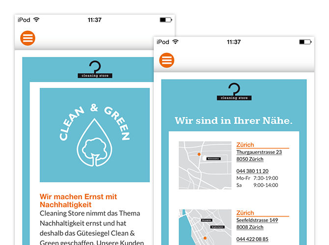 Clean & Green Nachhaltigkeitserklärung und Wir sind in Ihrer Nähe Screens der umgesetzten Cleaning Store App und Website für Oktonet