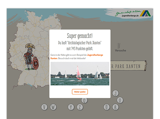 Super Gemacht Popup über Spielscreen der umgesetzten Jugendherberge Quiz Website für das Deutsche Jugendherbergswerk