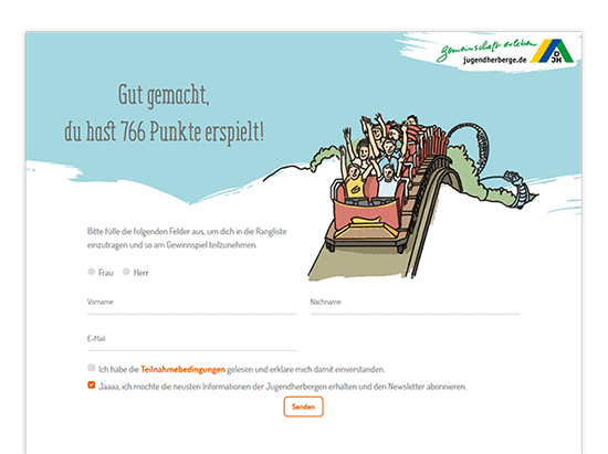 Gut gemacht Ergebnisscreen der umgesetzten Jugendherberge Quiz Website für das Deutsche Jugendherbergswerk