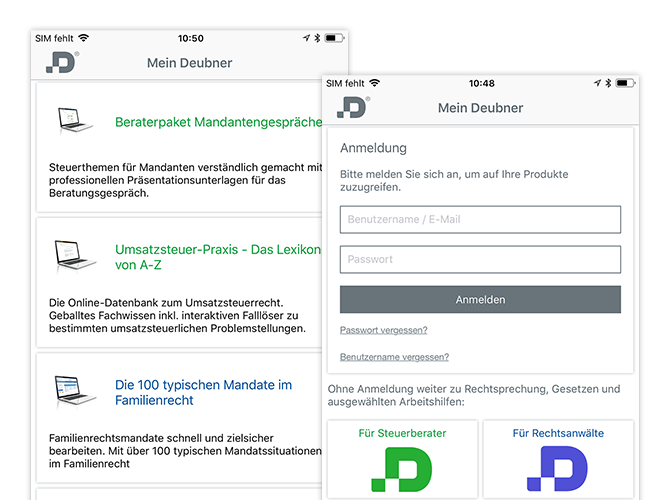 Anmeldung und Auswahl Screens der umgesetzten Mein Deubner Verlagsapp für den Deubner Verlag