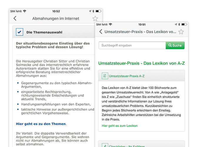 Themenauswahl und Umsatzsteuer-Praxis Lexikon Screens der umgesetzten Mein Deubner Verlagsapp für den Deubner Verlag