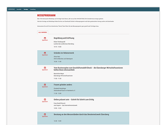 Messeprogramm Screen der IHK Existenz - Die Gründermesse Website für die IHK München