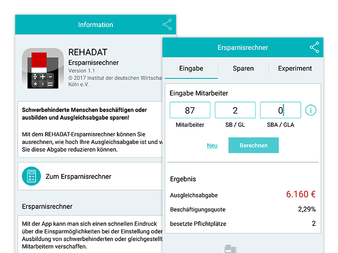 Information und Ersparnisrechner Eingabe Screens der umgesetzten REHADAT Elan Ersparnisrechner App für das Institut der deutschen Wirtschaft Köln