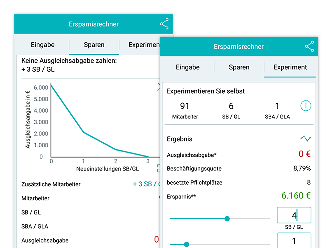 Ersparnisechner Sparen und Experiment Screens der umgesetzten REHADAT Elan Ersparnisrechner App für das Institut der deutschen Wirtschaft Köln