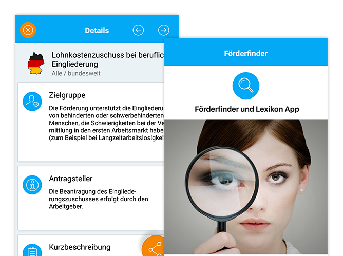 Details und Förderfinder Screens der umgesetzten Förderfinder App für das Institut der deutschen Wirtschaft Köln