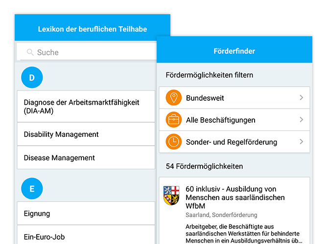 Lexikon der beruflichen Teilhabe und Förderfinder Screens der umgesetzten Förderfinder App für das Institut der deutschen Wirtschaft Köln