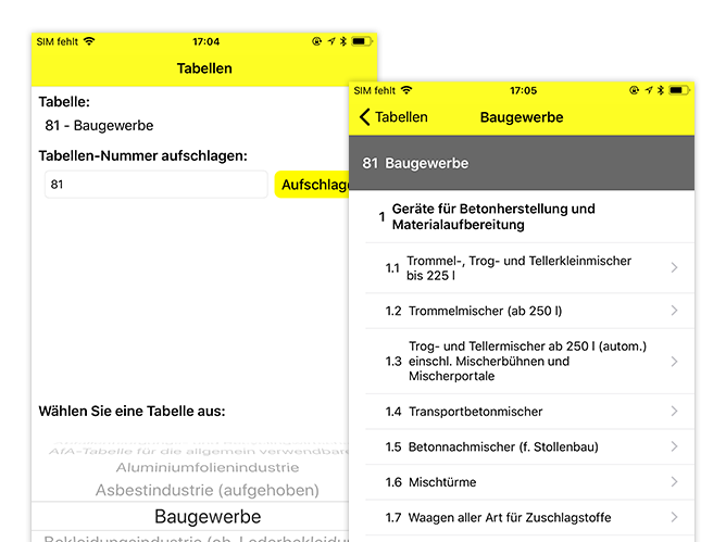 Tabellen und Baugewerbe Screens der umgesetzten NWB AfA-Tabellen App für den NWB Verlag