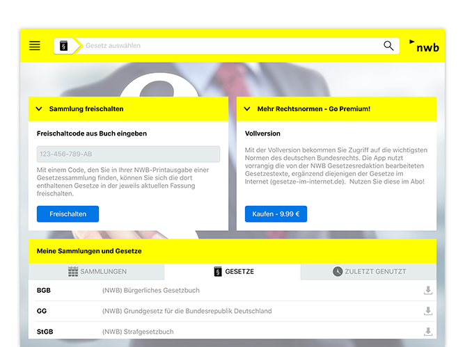 Homescreen der umgesetzten NWB Gesetze App für den NWB Verlag