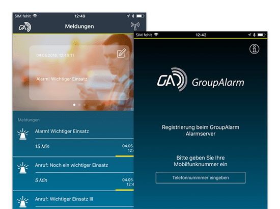 Meldungen und Registrierung Screens der umgesetzten GroupAlarm App für die Cubos Internet GmbH