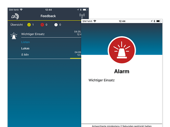 Feedback und Alarm Screens der umgesetzten GroupAlarm App für die Cubos Internet GmbH