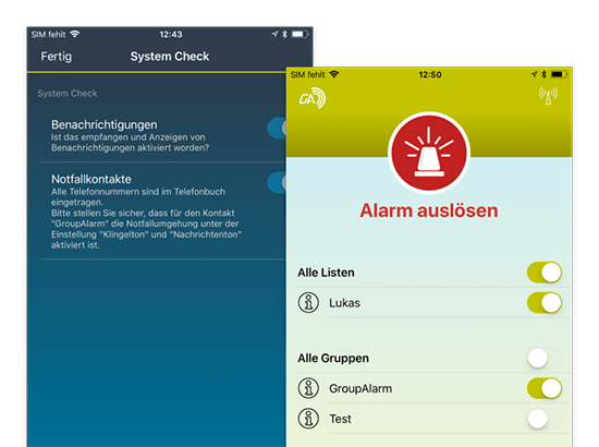 System Check und Alarm auslösen Screens der umgesetzten GroupAlarm App für die Cubos Internet GmbH