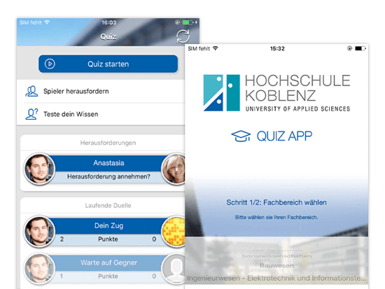 Quiz und Fachbereich wählen Screens der umgesetzten Lern Quiz App für die Hochschule Koblenz