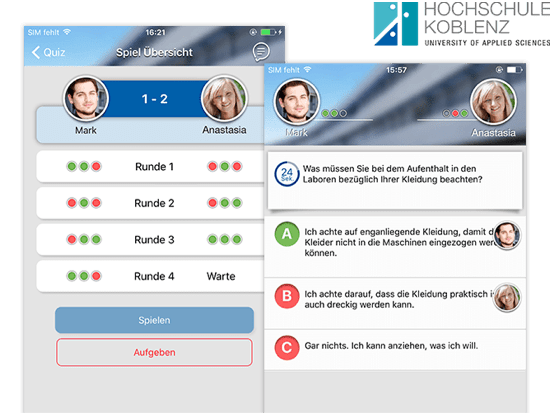 Spiel Übersicht und Beispielquiz Screens der umgesetzten Lern Quiz App für die Hochschule Koblenz