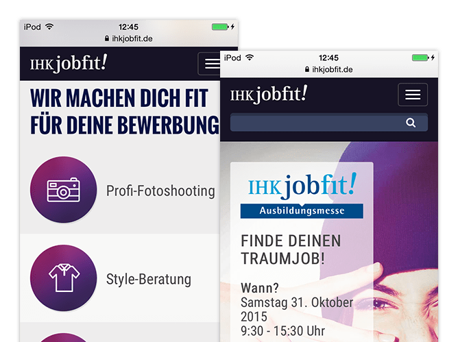 Wir machen dich fit für deine Bewerbung und Ausbildungsmesse Screens der umgesetzten IHK jobfit App für die IHK München und Oberbayern