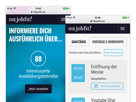 Informiere dich ausführlich über... und Vorträge und Workshops Screens der umgesetzten IHK jobfit App für die IHK München und Oberbayern