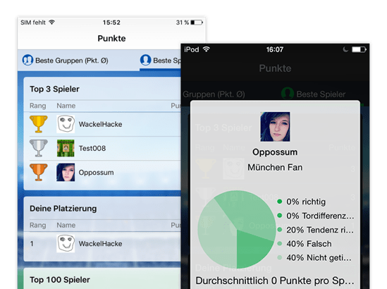 Punkte Top 3 Spieler und Punkte eines Beispiel Spielers Screens der umgesetzten Tippspiel für Freunde App