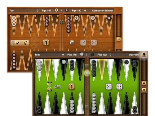 Backgammon Brett Screens mit grünem und braunem Design der umgesetzten Backgammon Gold Brettspiel App