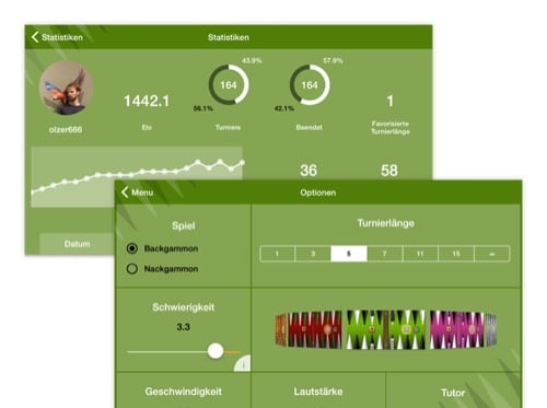 Statistiken und Optionen Screens der umgesetzten Backgammon Gold Brettspiel App