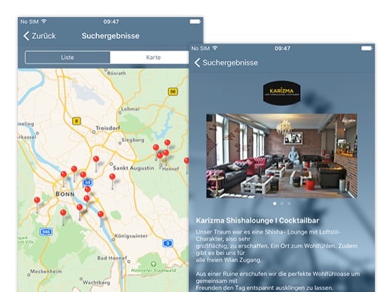 Suchergebnisse Karte und Beispiel Suchergebnis Screens der umgesetzten Freizeit Finder App für Graupmann Hegran Djuya