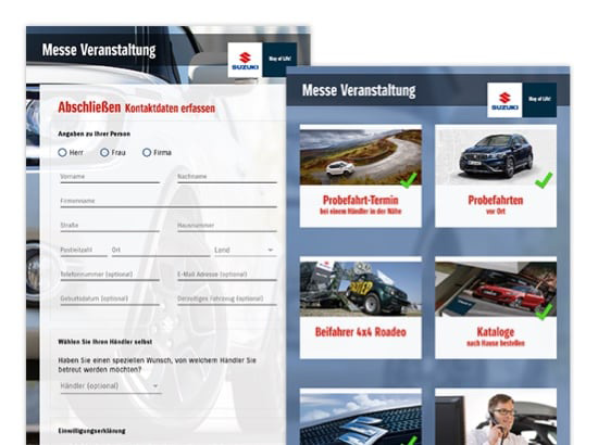 Kontaktdaten erfassen und Messe Veranstaltungen Screens der umgesetzten SUZUKI Auto Promo App