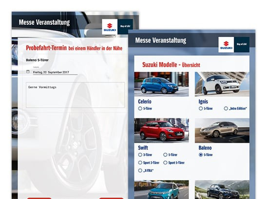 Probefahrt-Termin Formular und Suzuki Modelle - Übersicht Screens der umgesetzten SUZUKI Auto Promo App