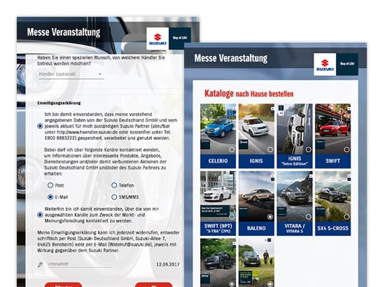 Einwilligungserklärung Formular und Katalog Bestellung Screens der umgesetzten SUZUKI Auto Promo App