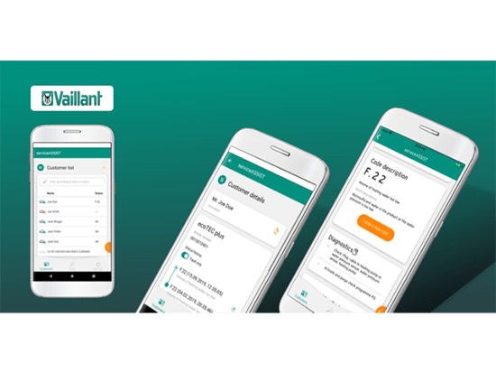 Promo Banner mit drei gezeigten Screens auf grünem Grund im Rahmen des App Store Marketing für Vaillant