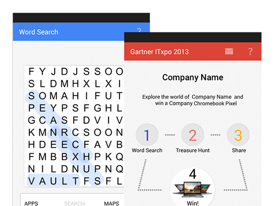 Word Search und Beispiel Company Screens der umgesetzten Event App (Schatzsuche) für N.N.