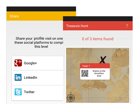 Share und Treasure Hunt Screens der umgesetzten Event App (Schatzsuche) für N.N.