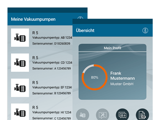Meine Vakuumpumpen und Übersicht Screens der umgesetzten Kundenservice App für einen Vakuumpumpen Hersteller