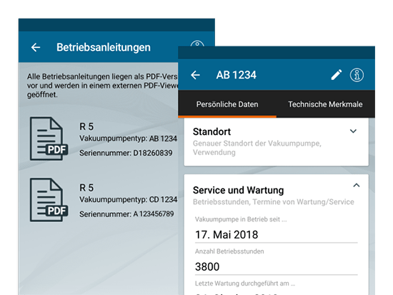 Betriebsanleitung und Persönliche Daten Screens der umgesetzten Kundenservice App für einen Vakuumpumpen Hersteller