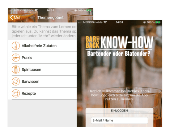 Themengebiet und Know-How Screens der umgesetzten Barback Know-how Quiz App für Hinzelf