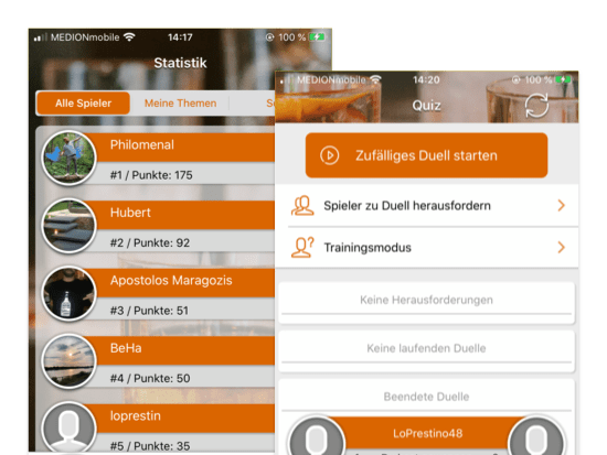 Alle Spieler und Quiz Screens der umgesetzten Barback Know-how Quiz App für Hinzelf