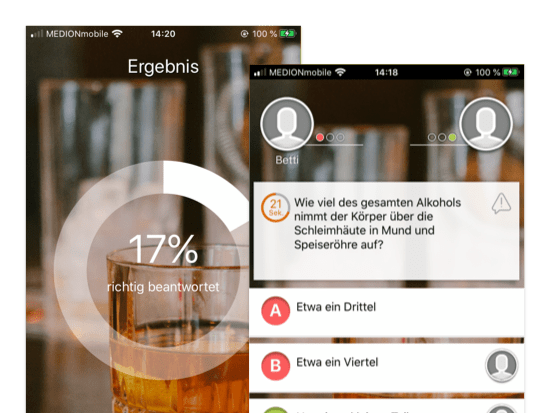 Ergebnis und Beispielfrage Screens der umgesetzten Barback Know-how Quiz App für Hinzelf