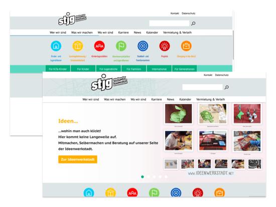 Verschiedene Abschnitte des Homescreens der umgesetzten Jugendhaus Website für die Stuttgarter Jugendhausgesellschaft