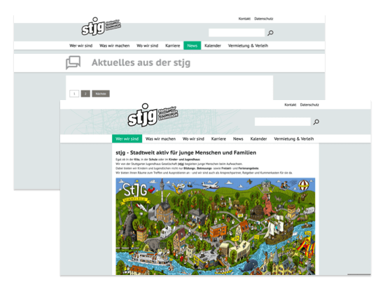 Wer wir sind und News Screens der umgesetzten Jugendhaus Website für die Stuttgarter Jugendhausgesellschaft