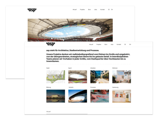 Verschiedene Abschnitte des Homescreens der umgesetzten asp-Stuttgart Website für die asp Architekten GmbH