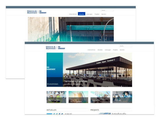 Homepage und Aktionen Screens der umgesetzten Drees & Sommer - Website für die Gassmann + Grossmann Baumanagement GmbH