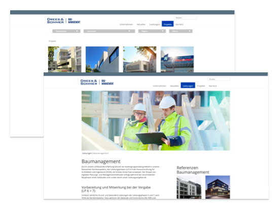 Weitere Beispielscreens der umgesetzten Drees & Sommer - Website für die Gassmann + Grossmann Baumanagement GmbH